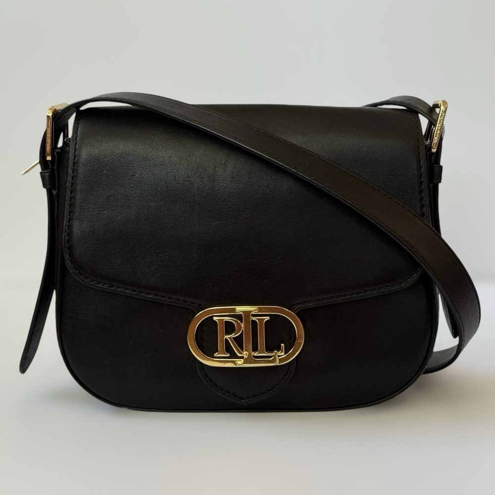 Lauren Ralph Lauren Addie Medium Leather Crossbody Black Gold RL